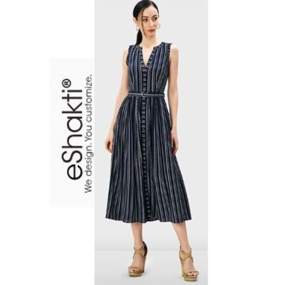 eshakti Dresses & Skirts - NWOT!! Blue & white striped belted sleeveless shirtdress - seersucker style